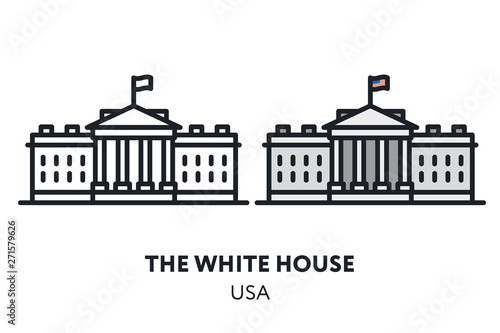 The White House. Washington USA Government Building Landmark Sight. Vector Flat Line Icon Illustration.