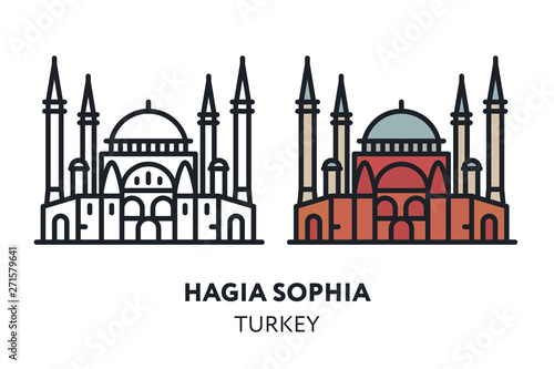 Hagia Sophia Cathedral. Istanbul Turkey Landmark Sight. Vector Flat Line Icon Illustration.