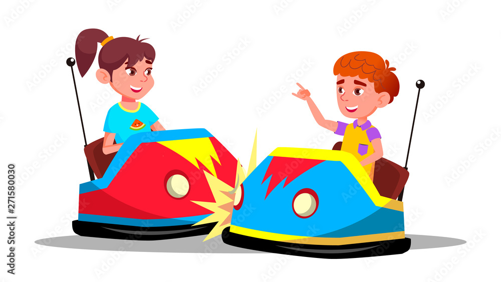Characters Children Driving Bumper Car Vector. Happy Laughing Funny Boy