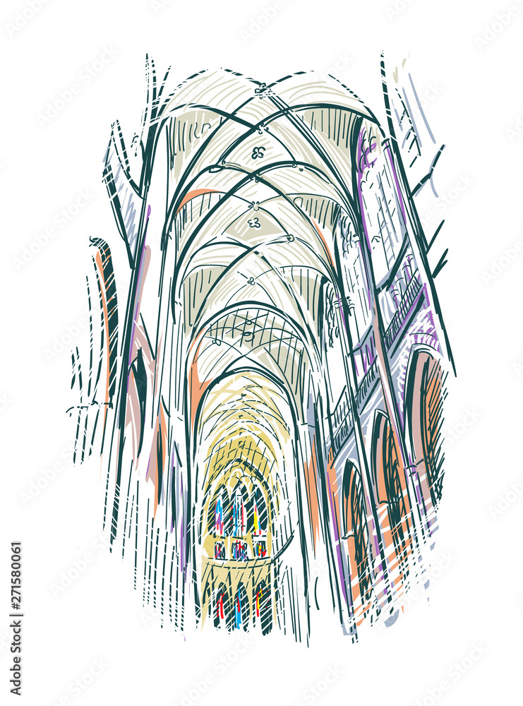 sketch vector illustration european view church indoor - obrazy, fototapety, plakaty 