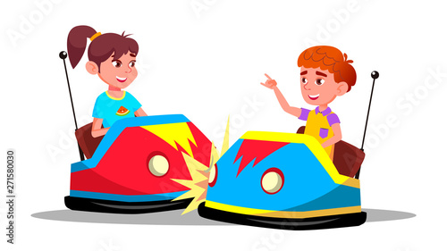 Characters Children Driving Bumper Car Vector. Happy Laughing Funny Boy And Girl On Bumper Auto Wheel Attraction At Amusement Park. Enjoyment Family Time Colorful Flat Cartoon Illustration