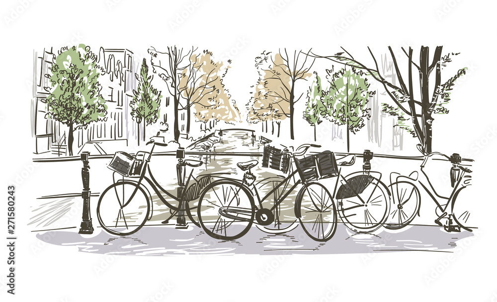 Αυτοκόλλητο amsterdam bicycles vector illustration sketch watercolor sketch
