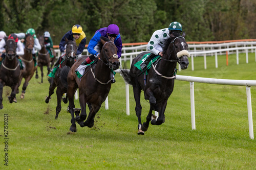 Close up on two galloping race horses and jockeys competing for first position
