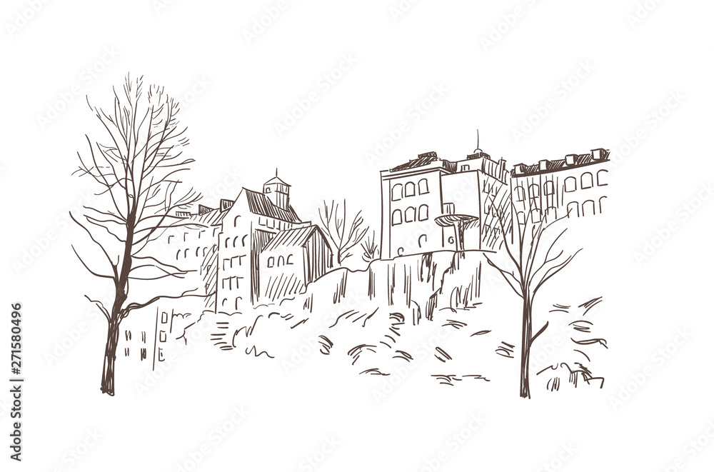 sketch vector illustration european view stockholm buildings on the rock