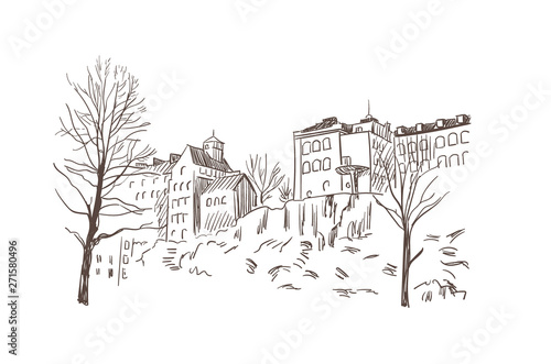 Photography sketch vector illustration european view stockholm buildings on the rock