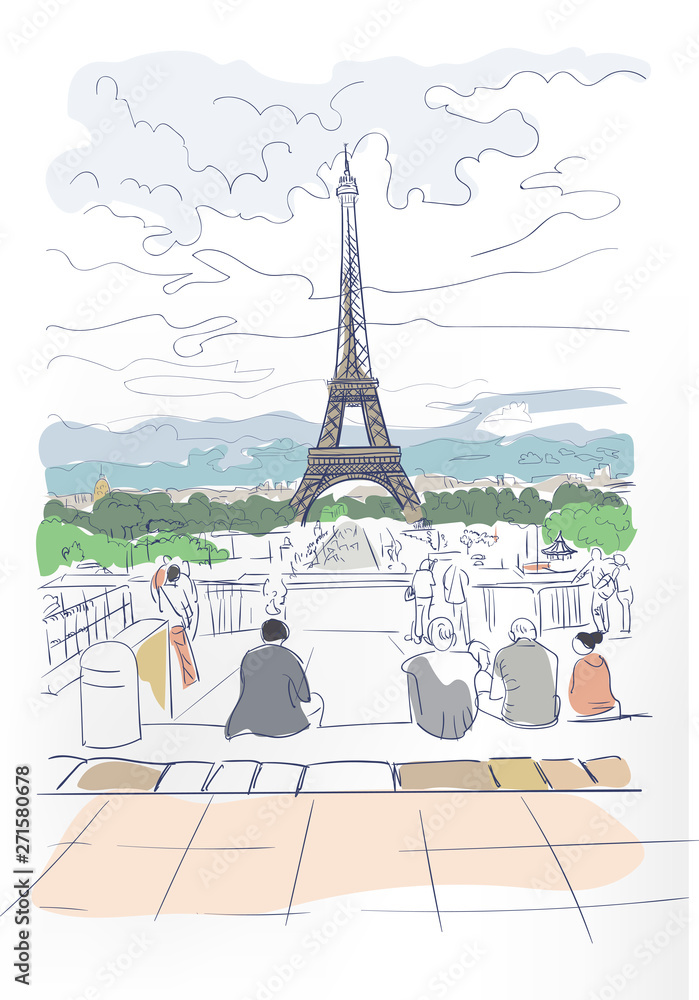 Eiffel Tower sketch vector art watercolor card