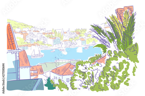 croatia panorama vector sketch Dubrovnik watercolor art