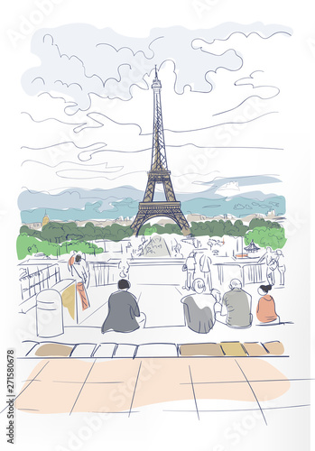 Eiffel Tower sketch vector art watercolor card