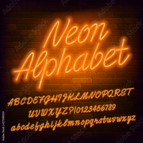 Neon script alphabet font. Orange neon color lowercase and uppercase letters and numbers. Brick wall background. Stock vector typescript for your typography design.