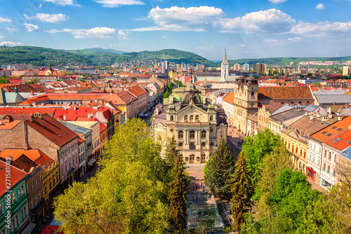 Top view of Main street (Hlavna ulica) of Kosice Old city from St. Elisabeth Cathedral, with State theatre Košice (Statne divadlo) and medieval architecture, Slovakia (Slovensko)
