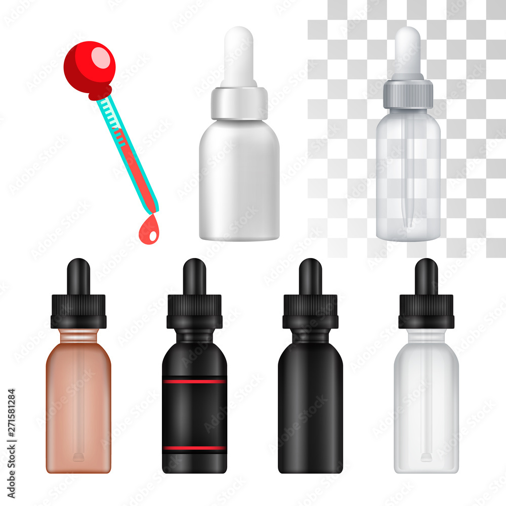 Glass Of Bottle And Pipette With Liquid Set Vector. Collection Of Blank Plastic Medical Or For Cosmetic Packaging And Pipette With Red Drop. Mockup Container Realistic 3d Illustration Glass Of Bottle And Pipette With Liquid Set Vector. Collection Of Blank Plastic Medical Or For Cosmetic Packaging And Pipette With Red Drop. Mockup Container Realistic 3d Illustration