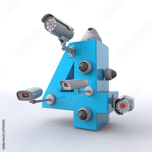 3D illustration of number 4 with CCTV cameras