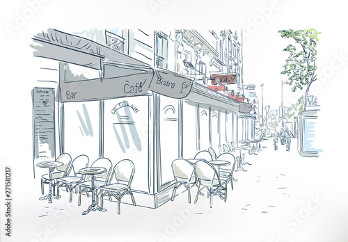 paris cafe outdoor sketch vector watercolor art