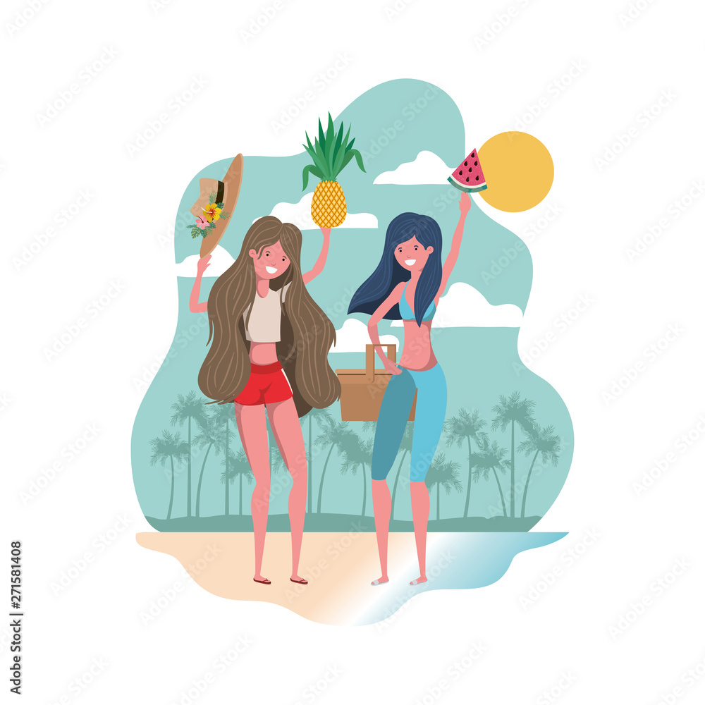 women with swimsuit and tropical fruits in hand