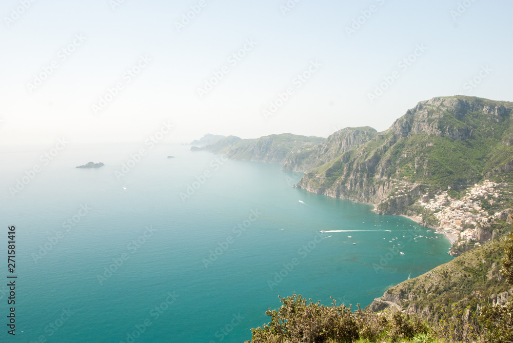 Positano, Italy - April 25, 2019: panoramic sea view from the path of the gods