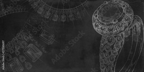 Jewelry theme. Black background with hand-painted jewelery. Textural background for creativity.