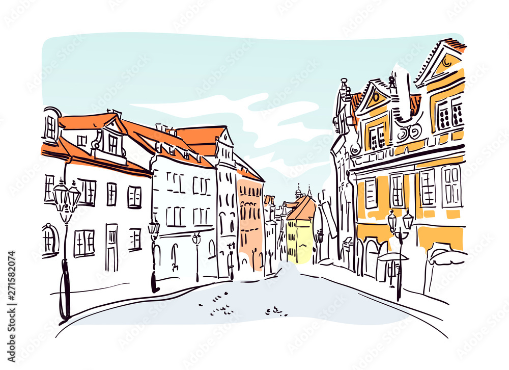Naklejka premium Prague street vector sketch illustrator watercolor art