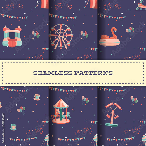 Set of amusement park seamless patterns with rides