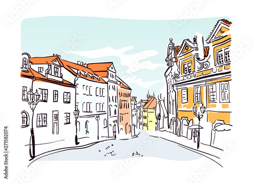 Prague street vector sketch illustrator watercolor art