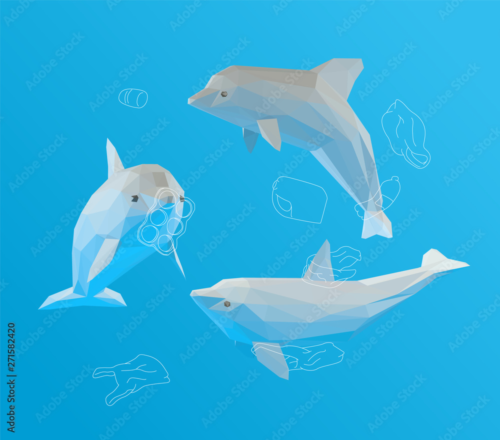 Obraz premium Plaster Dolphin. Set of White Dolphins and Ocean Pollution on Blue Background. Low Poly Vector 3D Rendering