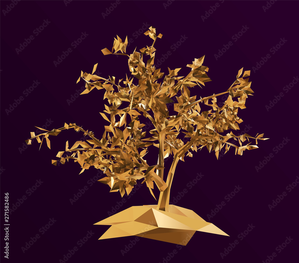 Gold Tree on Purple Background. Shiny Metallic Golden Low Poly Vector ...