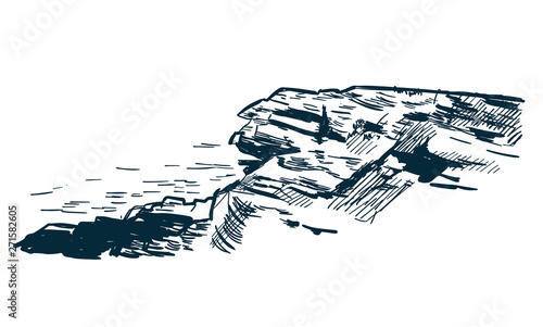sea rock cliff vector sketch landscape line illustration skyline