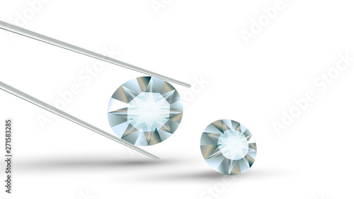 Bright Clear Brilliant Diamond In Tweezers Vector. Diamond Detail For Jewelry Ring Or Earrings, Brooch Or Bracelet, Diadem Tiara Or Necklace. Elegant Precious Stone Realistic 3d Illustration