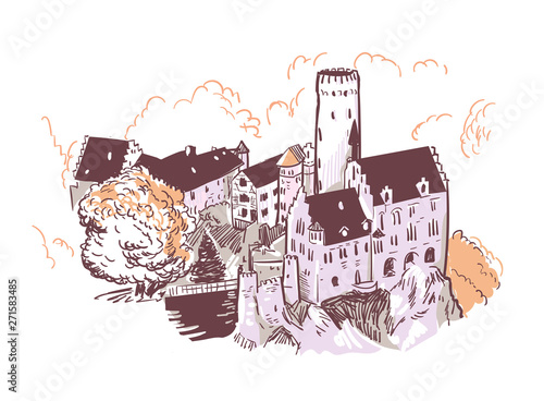 line art isolated Lichtenstein castle vector sketch