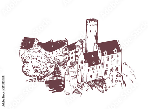 line art isolated Lichtenstein castle vector sketch