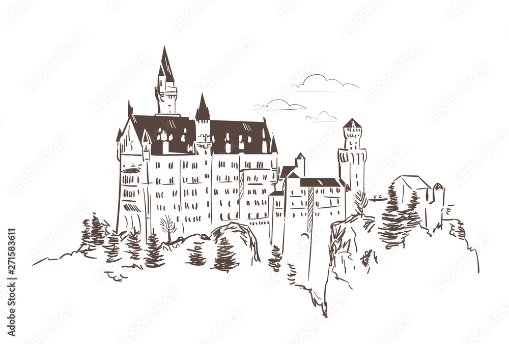 line art isolated Neuschwanstein castle vector sketch