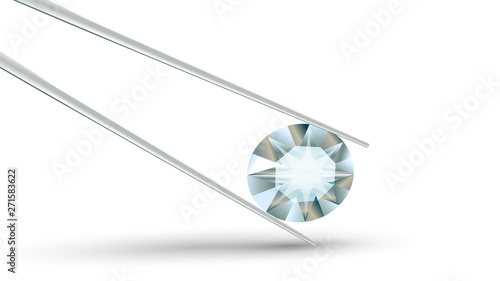Big Clear Brilliant Diamond In Tweezers Vector. Diamond Element For Jewelry Ring Or Earrings, Brooch Or Bracelet, Diadem Tiara Or Necklace. Luxury Accessory Realistic 3d Illustration