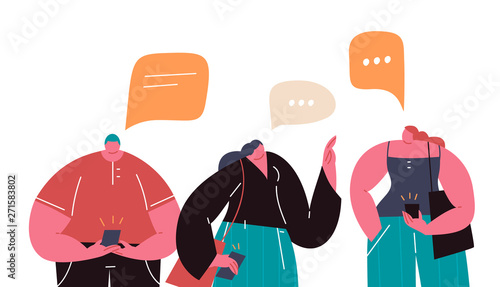 Social Network and Virtual Communication Concept illustration. Group Of Young People Characters Chatting Using Smartphone For Website Or Web Page. Flat cartoon vector illustration.