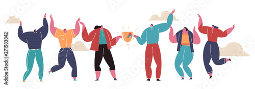 Successful teamwork. Happy young joyful people with champion cup isolated on white background. Group of positive men and women celebrating victory and rejoicing together. Flat cartoon vector illustrat