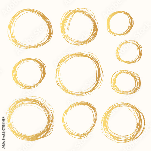 Set of hand drawn round golden pencil scribble frames. Edge torn gold box background. Vector isolated hatch foil circles.