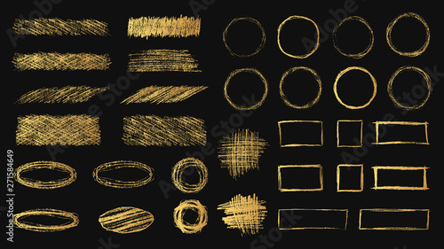 Big set of hand drawn pencil scribble round and square golden frames. Gold coal edge textures. Vector isolated foil hatch elements.
