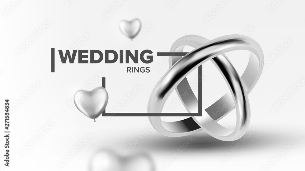 Platinum Jewelery Wedding Rings Banner Vector. Poster With Traditional Symbol Rings For Loving Marriage Couple Decorated Silver Helium Balloon. Luxury Accessory Realistic 3d Illustration