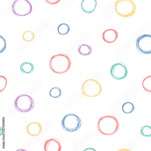 Seamless pattern with Scandinavian round colorful pencil scribbles. Vector isolated background for kid textile. Cute texture.
