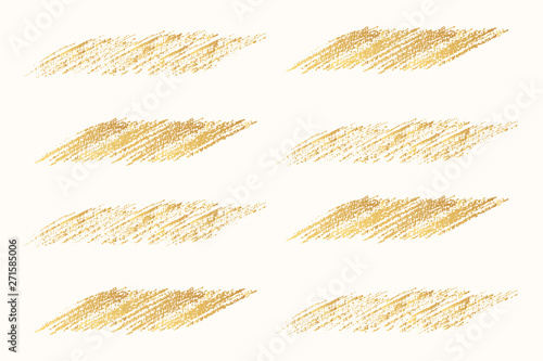 Set of hand drawn golden pencil scribble frames for text banner. Edge torn box background. Vector isolated hatch shapes.