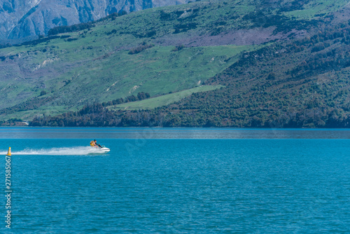Water bike on lake Wakatipu, Queenstown, New Zealand. Copy space for text. © ggfoto