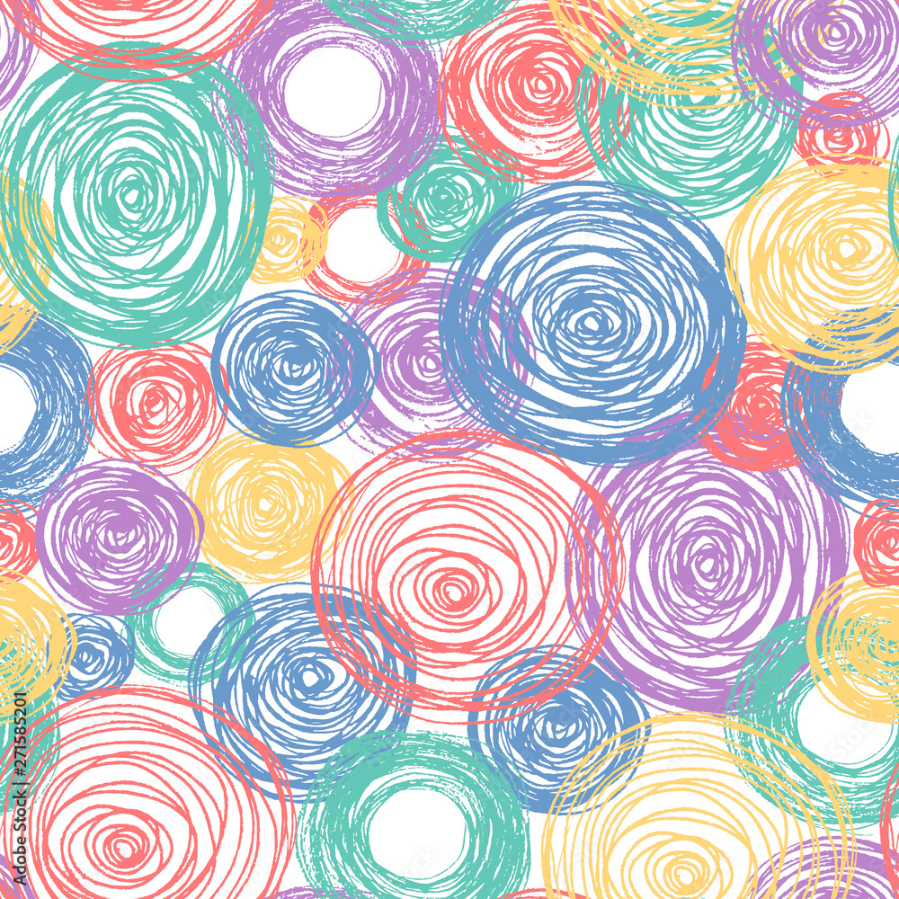 Colorful Scandinavian pencil scribbles seamless pattern. Texture with pastel color circles for wrapping paper. Vector isolated background for kid textile.