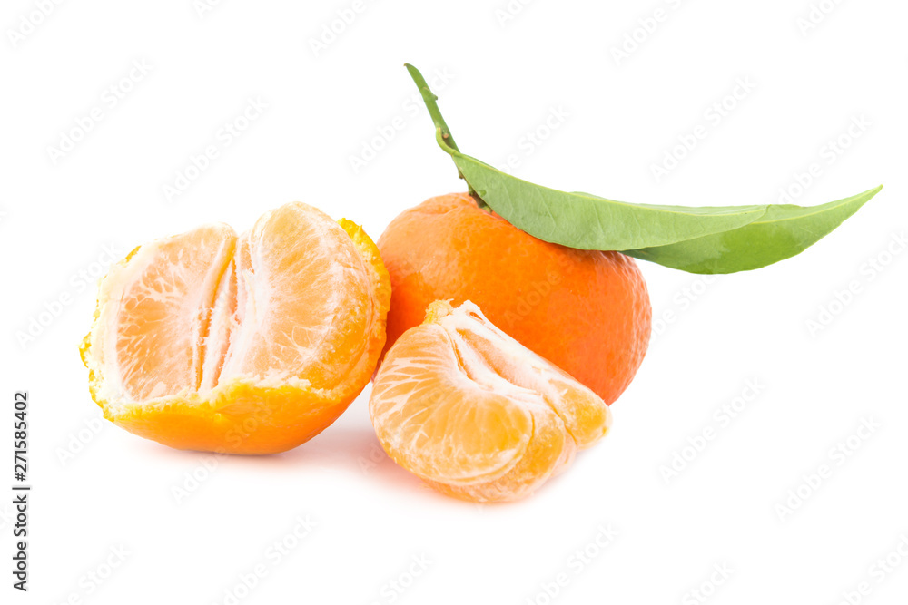 Orange mandarins with green leaves isolated on white background