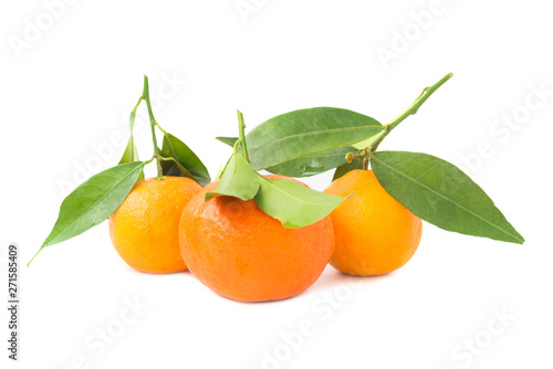 Group of orange mandarins with green leaves isolated on white background