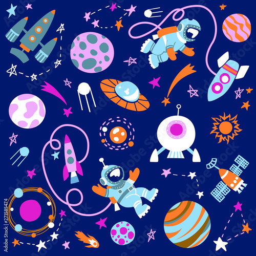 Cartoon sci-fi space background. Vector Illustration.Set of color images of an astronaut in space, UFOs, spaceships, stars. planets, comets, meteorites