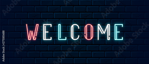 Neon vintage welcome sign for cocktail bar. Shiny letters in retro style. Glowing wall signboard lettering. Vector hand drawn led typography.