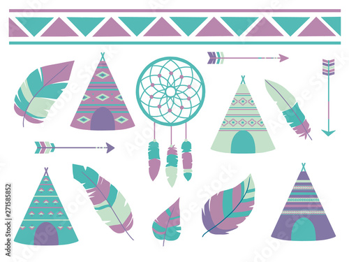Feathers, dreamcatcher, arrows and tipi tent with bohemian ethno pattern, a cute cartoon style vector illustration collection for children designs
