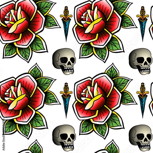 Old school retro vintage doodle tattoo seamless pattern.Rose, skull. knife.continuous openwork emblems symbols.Vector line art oldschool tattoo illustration. Best for printing wrapping paper