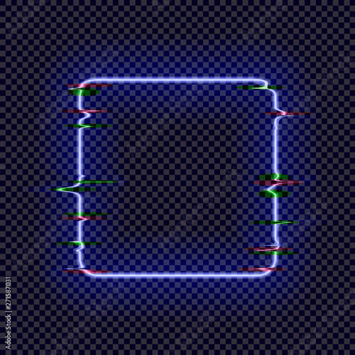 Vector Neon Square Frame with Glitch Effect Isolated on Dark Transparent Background, Bright Light, Abstract Illustration.