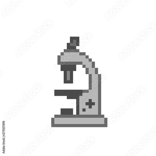 Old school 8 bit pixel art microscope icon isolated on white background.