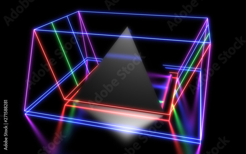 3D abstract geometric background with neon lights. 3d illustration
