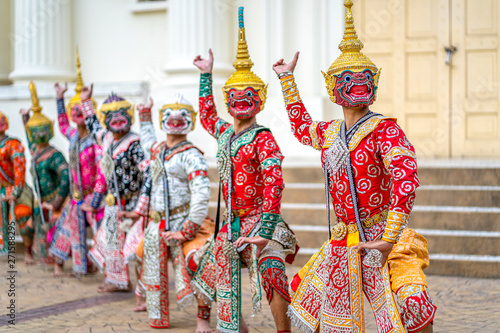 CHIANG MAI THAILAND - MAY 28, 2019 : Pantomime or known as Khon is art culture Thailand Dancing in masked show in Chiang Mai ,Ramayana-Monkey and giant soldier in the war. photo